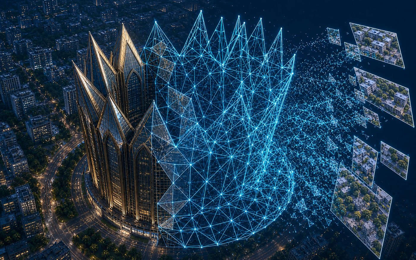 Aerial drone photographs becoming a point cloud, wireframe mesh, and completed crown-shaped 3D building above a city