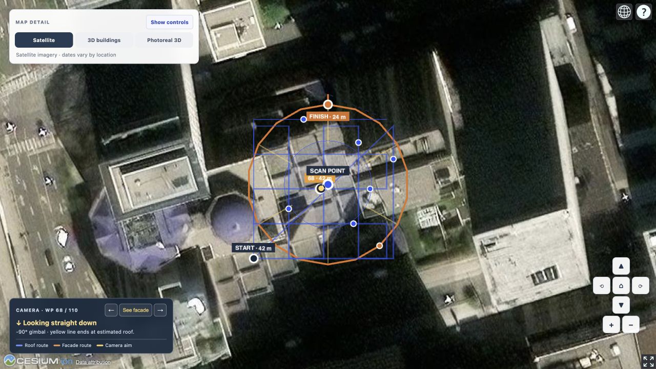 Actual Flight Planner map showing a rooftop scan route, waypoints, and camera direction over satellite imagery