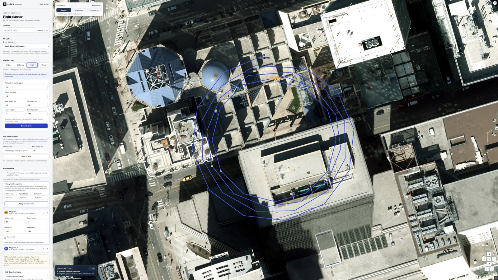 Actual Crown planner orbit around a Toronto building, with the orbit controls and selected waypoint visible