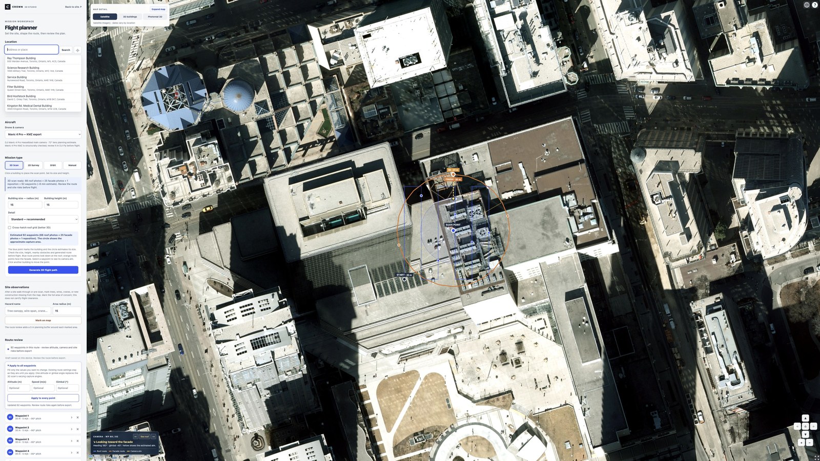 Actual Crown building scan with the Apply to all waypoints panel open and individual waypoint settings visible